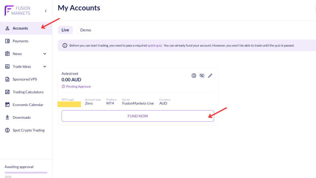 Fusion Markets Accounts Page Fund Now Button