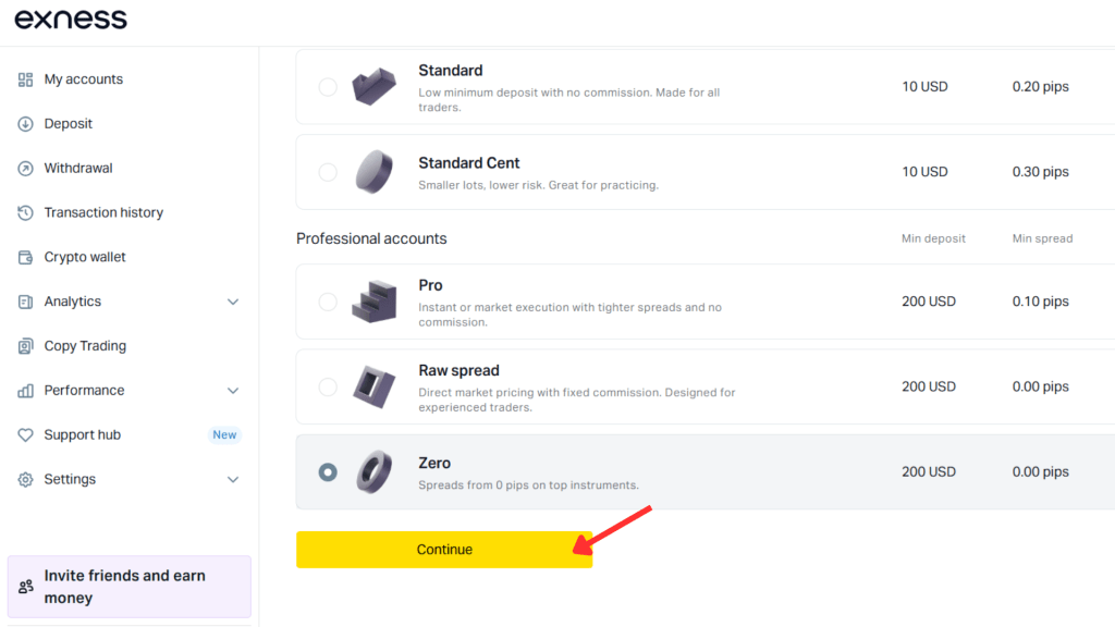 exness account continue